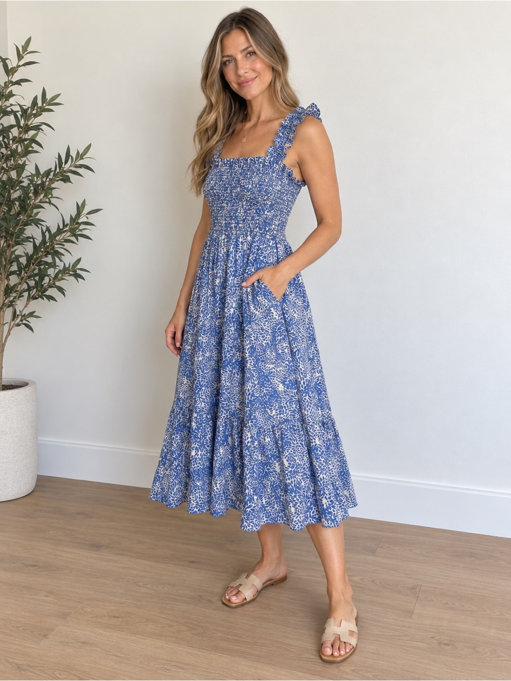 Amanda Uprichard Adelene Midi Dress Chalet Blue White Smocked With Pockets